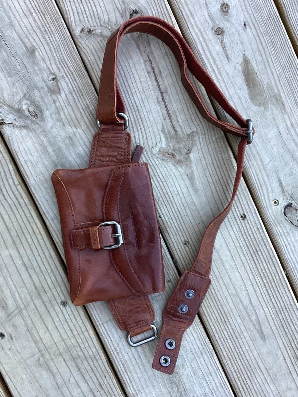 Men's Brown Leather Sling Belt Bag with Buckle Detail